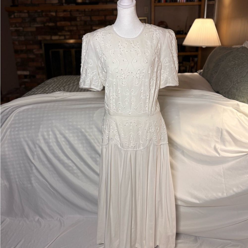Vintage 1992 White Beaded Drop Waist Dress - 14